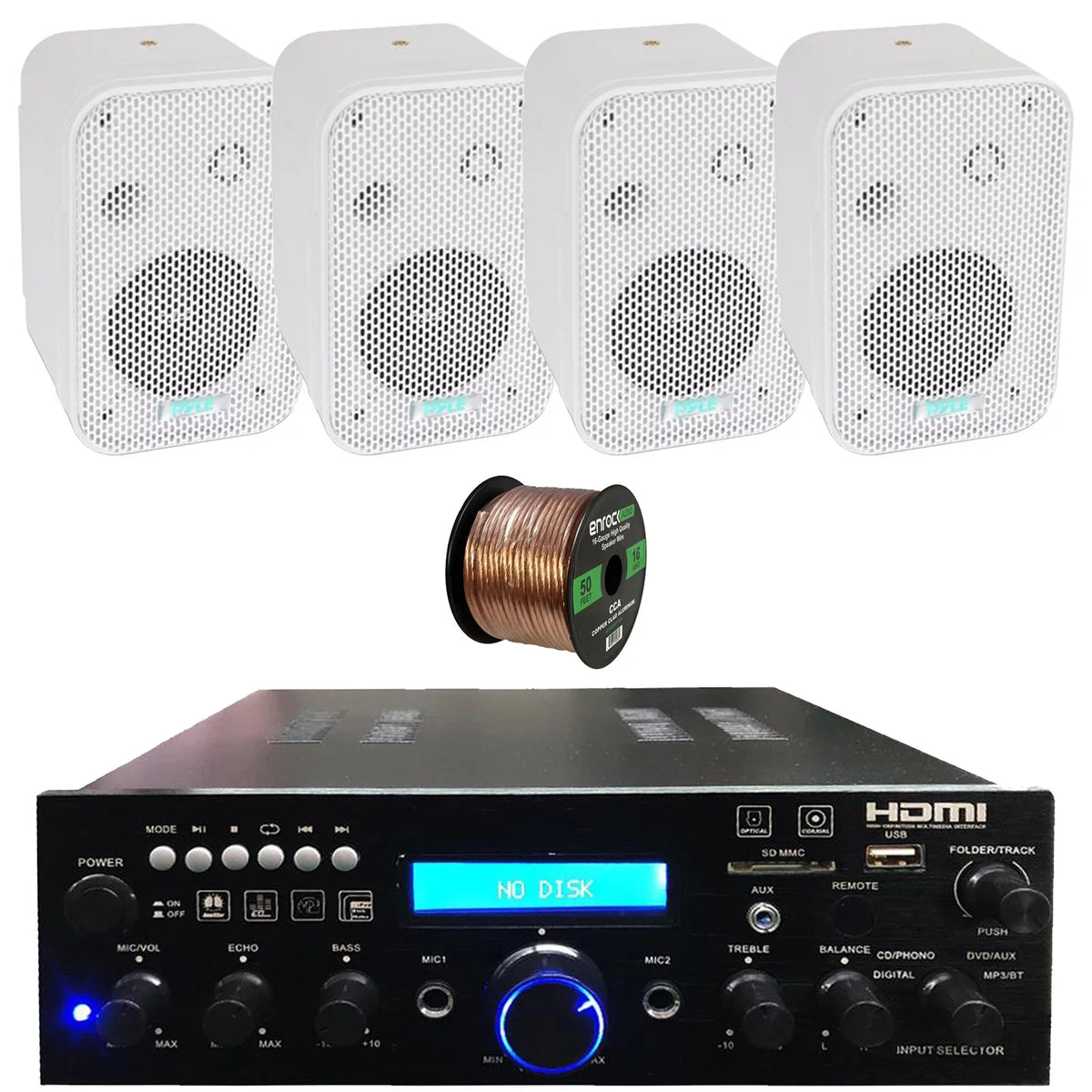 50 with System Bundle Speaker Gauge Theater FM Receiver Amplifier 16 300W Pyle Compact USB Wireless 200W Feet White Waterproof Radio Combo 4x Bluetooth Wire Speakers, 3.5" Home Indoor/Outdoor