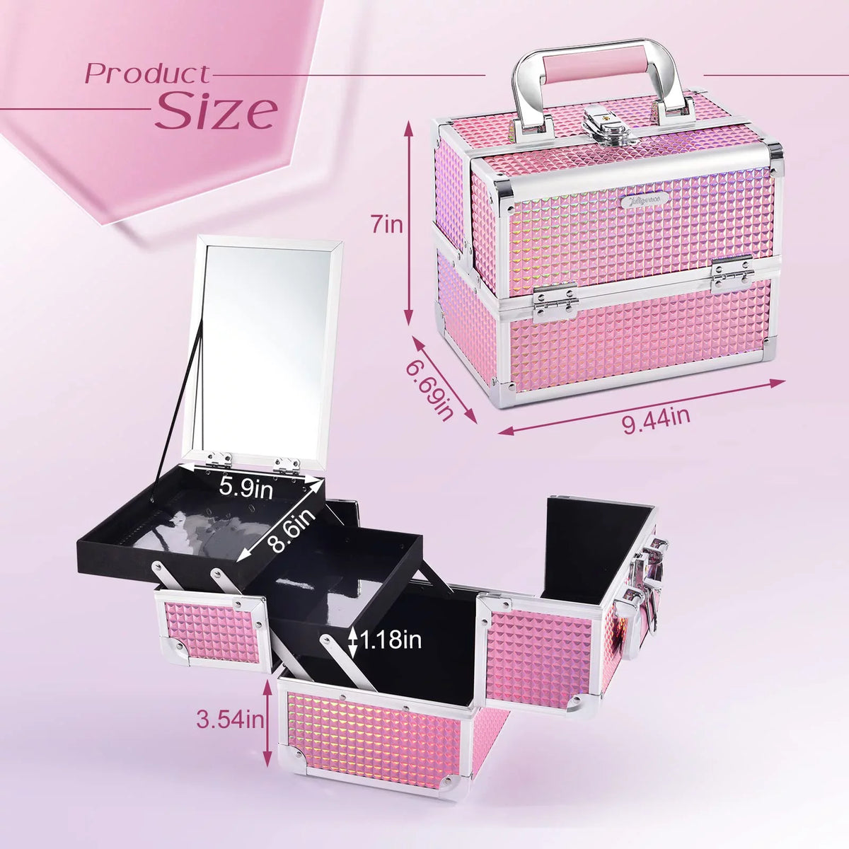 Joligrace Lockable Train 2 Makeup Case Case Organizer Trays with Box Makeup Cosmetics Mirror