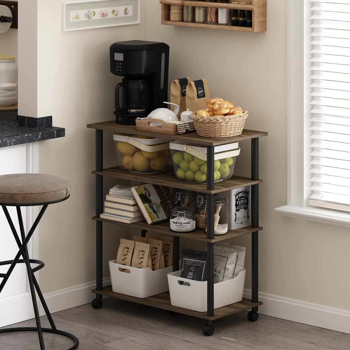 Columbia Furinno Kitchen Walnut/Black 4-Tier wheels, Helena Island Rolling on