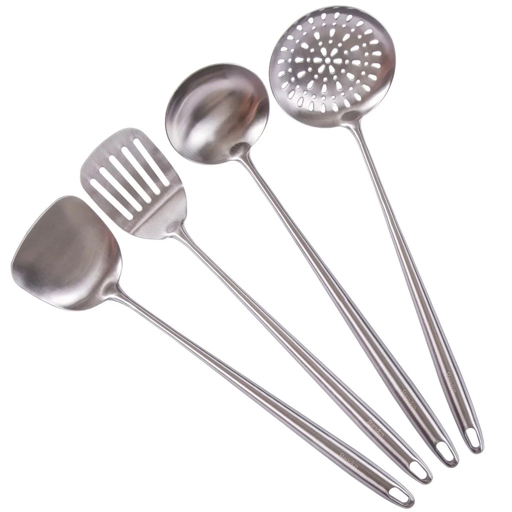 Extra Tools Spatula Newest 304 Cooking Skimmer Slotted Long And All Spoon Set Utensils 17Inch Spatula Cooker Wok Equipment Stainless Metal Stiwee 4Pieces Handle Cooking Steel Ladle Sale Kitchen 2024