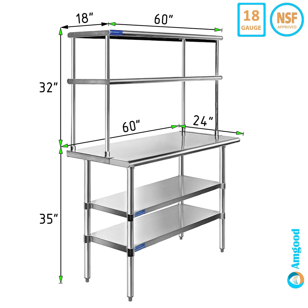 Overshelf Combo Double 18" Tier | Kitchen Prep Table Steel | Work Two Metal 24" Shelves Stainless Wide 60" With Shelving & Table x
