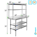 Overshelf Combo Double 18" Tier | Kitchen Prep Table Steel | Work Two Metal 24" Shelves Stainless Wide 60" With Shelving & Table x