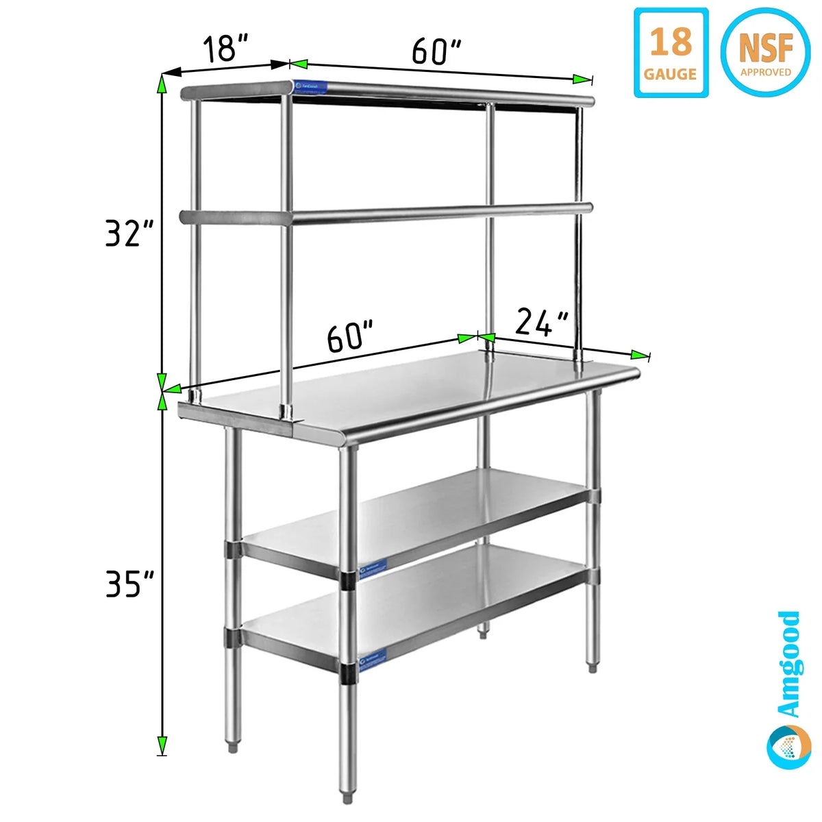 Overshelf Combo Double 18" Tier | Kitchen Prep Table Steel | Work Two Metal 24" Shelves Stainless Wide 60" With Shelving & Table x