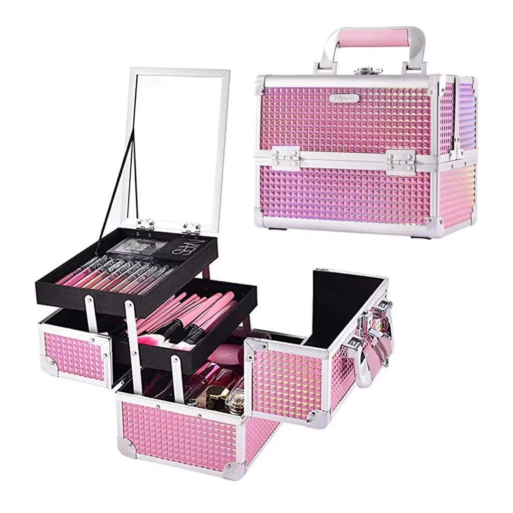 Joligrace Lockable Train 2 Makeup Case Case Organizer Trays with Box Makeup Cosmetics Mirror