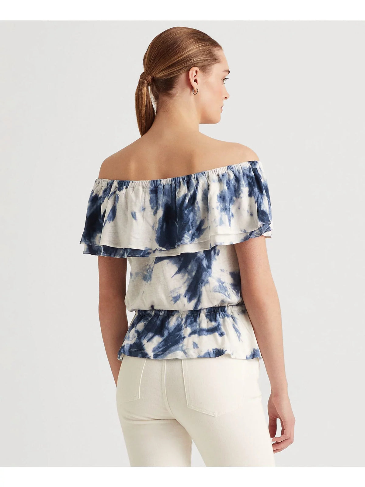 RALPH Off Shoulder Waist Drawcord Peplum Top S Womens Elasticized Sleeve LAUREN Ruffled Tie Dye Short LAUREN White