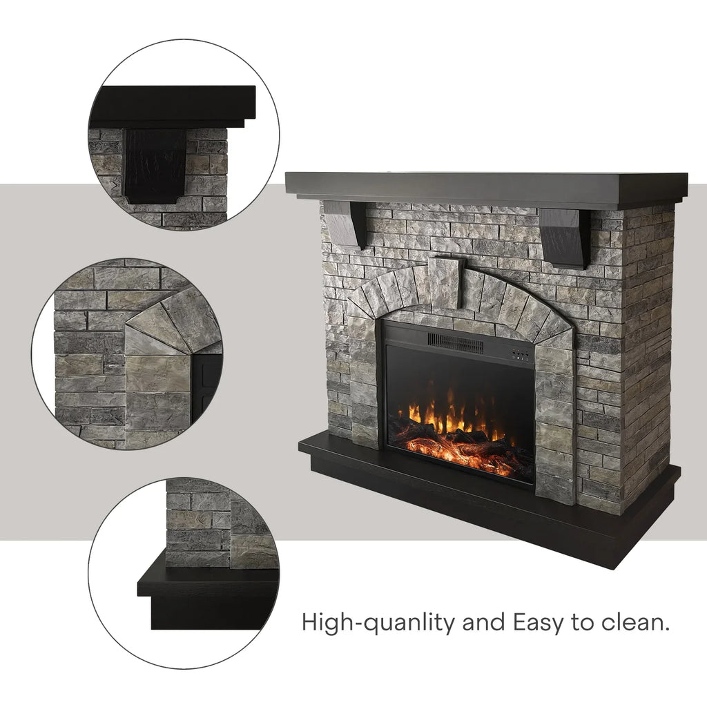 Infrared Gray Fireplace Freestanding, Mantel with Mountain Cloud Stone 45" Electric