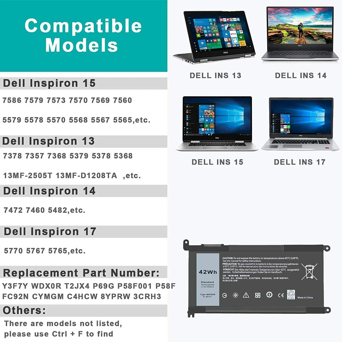 7569 7579 For 5568 13 5368 Inspiron 5567 Battery 7368 FC92N WDX0R 15 5x Dell