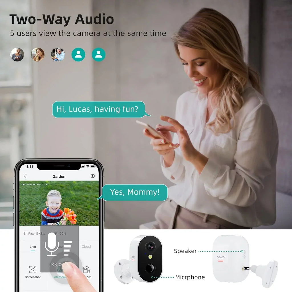 2-Way with Security Wireless Home Audio Surveillance with Motion Siren,Rechargeable Camera WiFi Camera 2K Detection Battery Powered DEKCO Color & Night Vision Spotlight /Indoor Outdoor