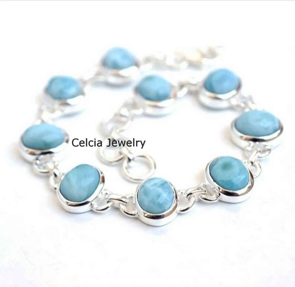 Sterling Women, For Solid Larimar For Her Him Bracelet Oval Bracelet Men Multiple Genuine Blue 925 Gemstone Unique Silver Handcrafted