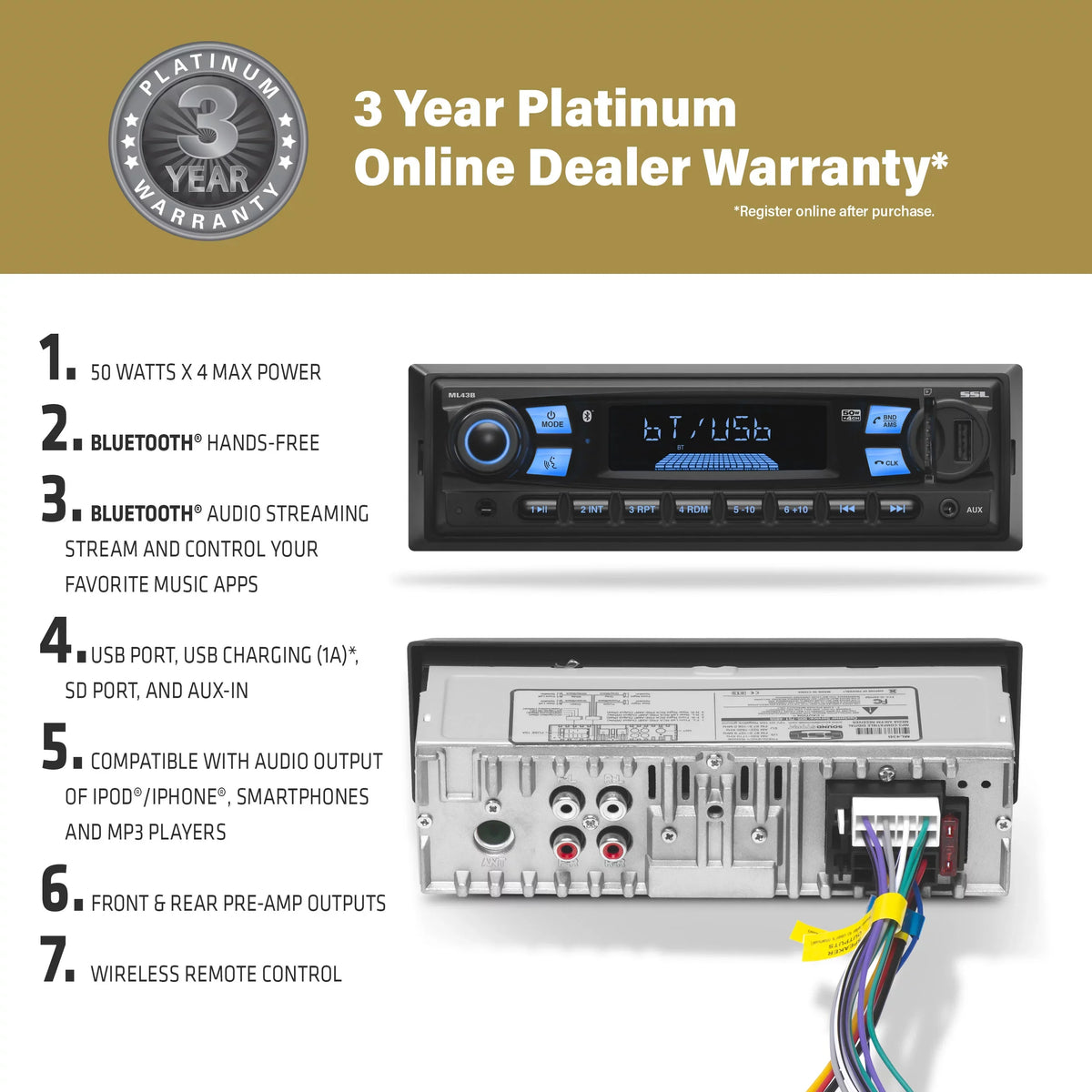 Bluetooth, USB, Car Stereo, CD, ML43B No AM/FM SD, Storm Sound Laboratories