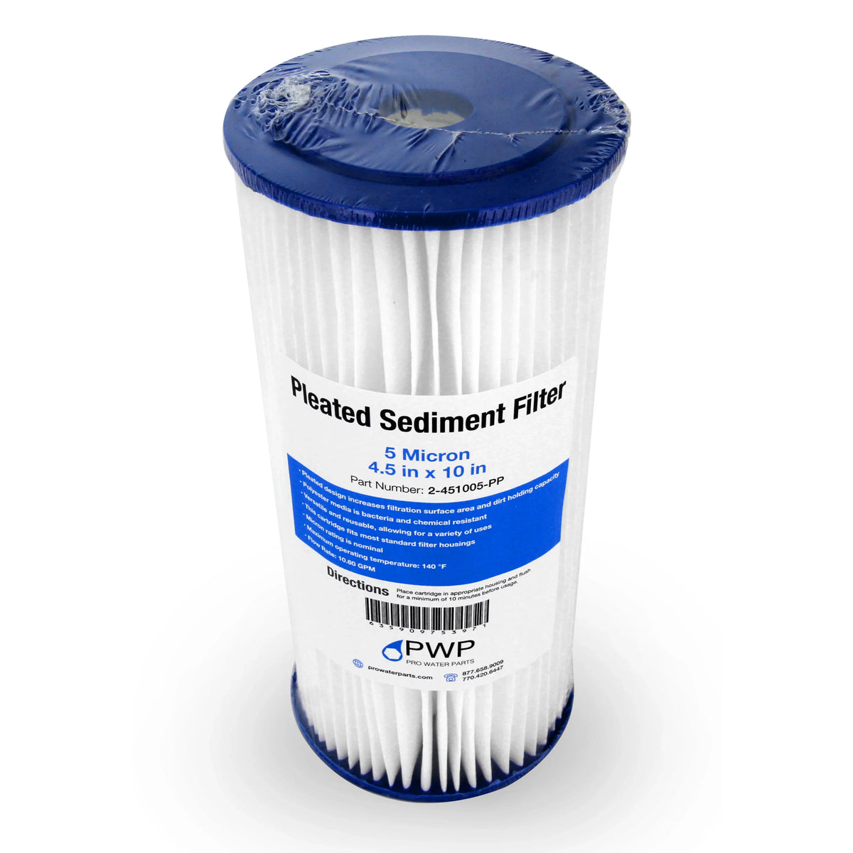 Filter Water 20 Sediment Cartridge 5 Pleated Pack Micron 4.5x10" Poly