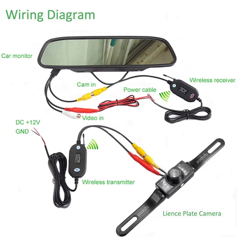 Backup 7 Vision Vehicle Night IR Monitor Rear License Kit Camera Car LED Plate 4.3" Camera Waterproof Mirror View Wireless with Podofo