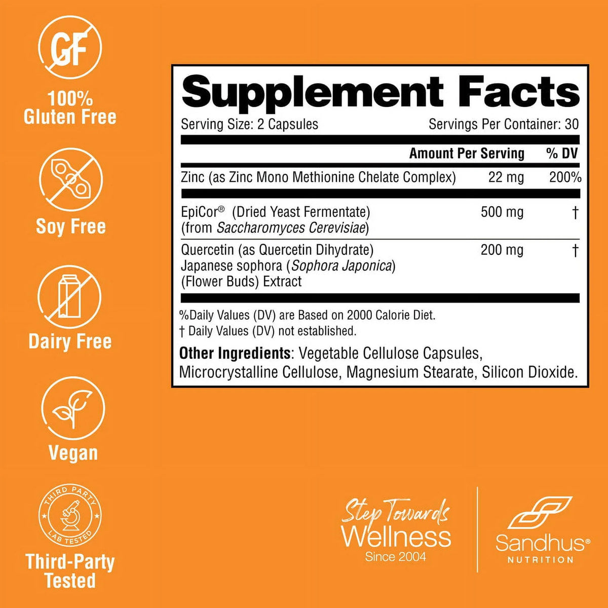 500mg Immune (Fermentate) Sandhu’s Support, EpiCor® Zinc Quercetin, - 200mg 30 Year-Round with Servs
