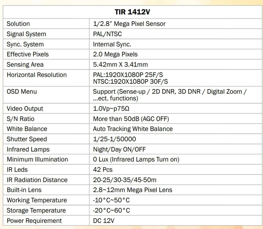 DC, LED 2MP IR Outdoor HD-TVI Camera, 42 2.8-12mm, Eyemax 12V TIR-1412V-B Bullet Sense-up
