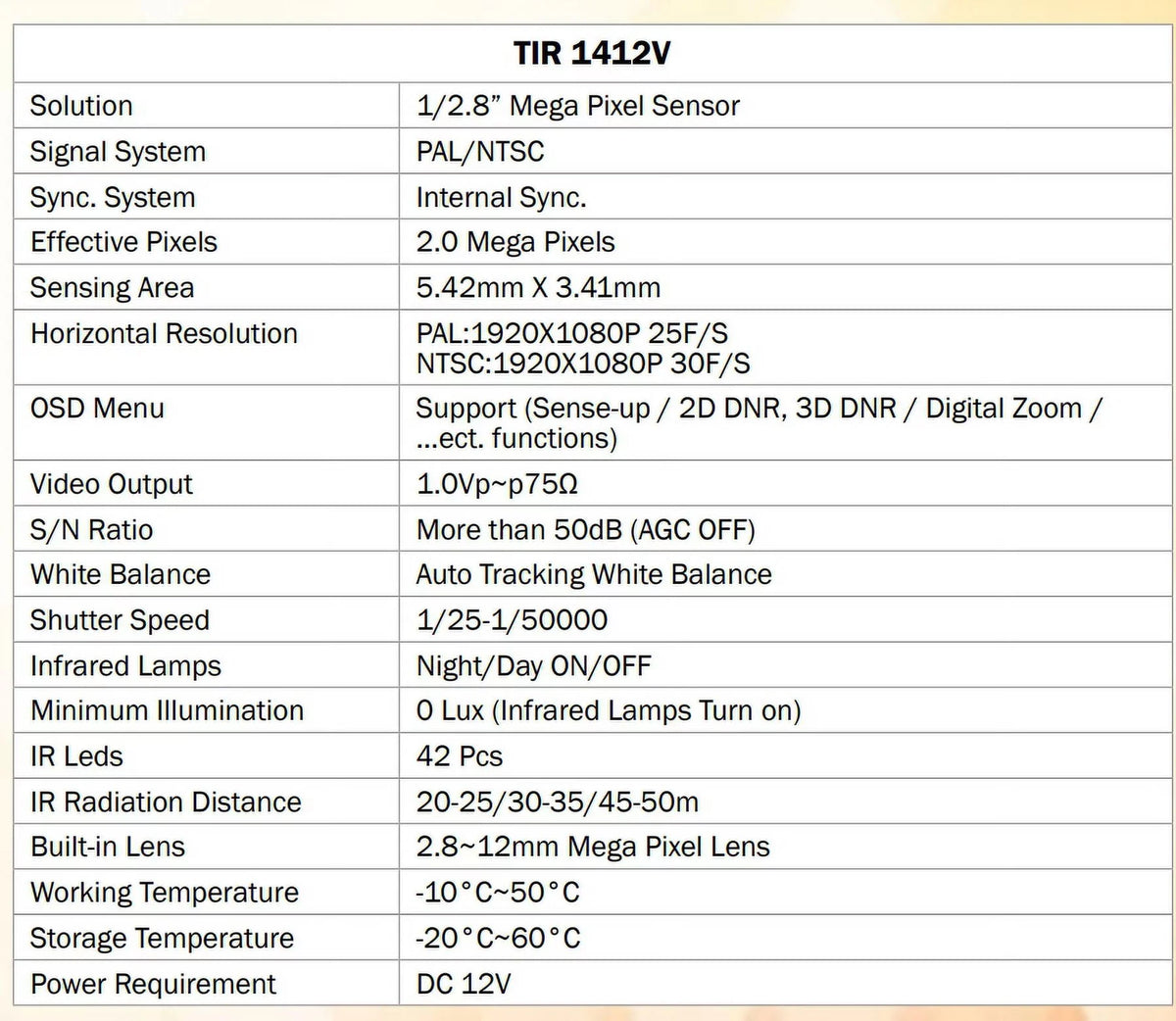 DC, LED 2MP IR Outdoor HD-TVI Camera, 42 2.8-12mm, Eyemax 12V TIR-1412V-B Bullet Sense-up