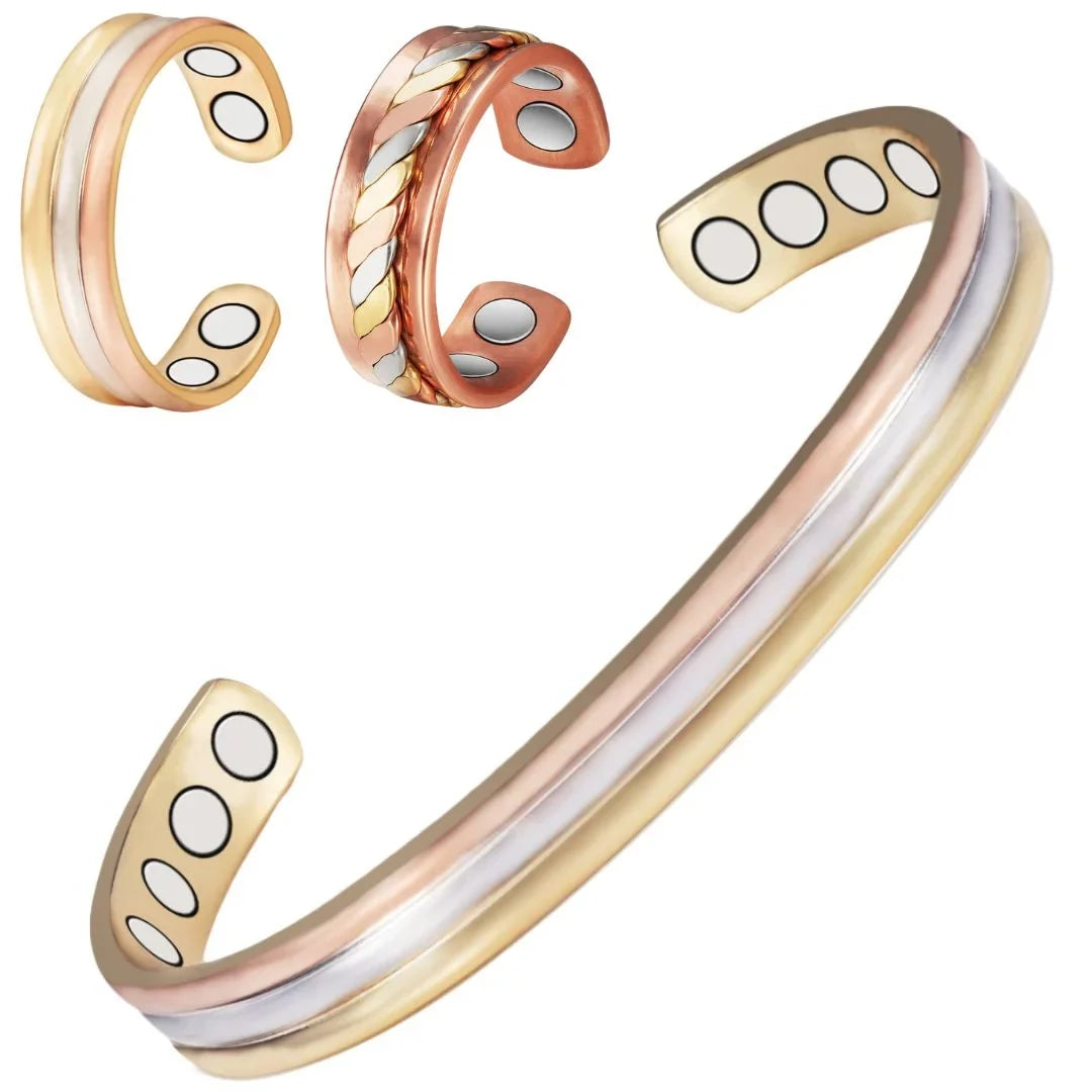 Health Women, of Fashion Gold Bracelets+2 Copper Color, Copper Magnetic Rings , Gift Tri 3 Set Wollet Christmas for