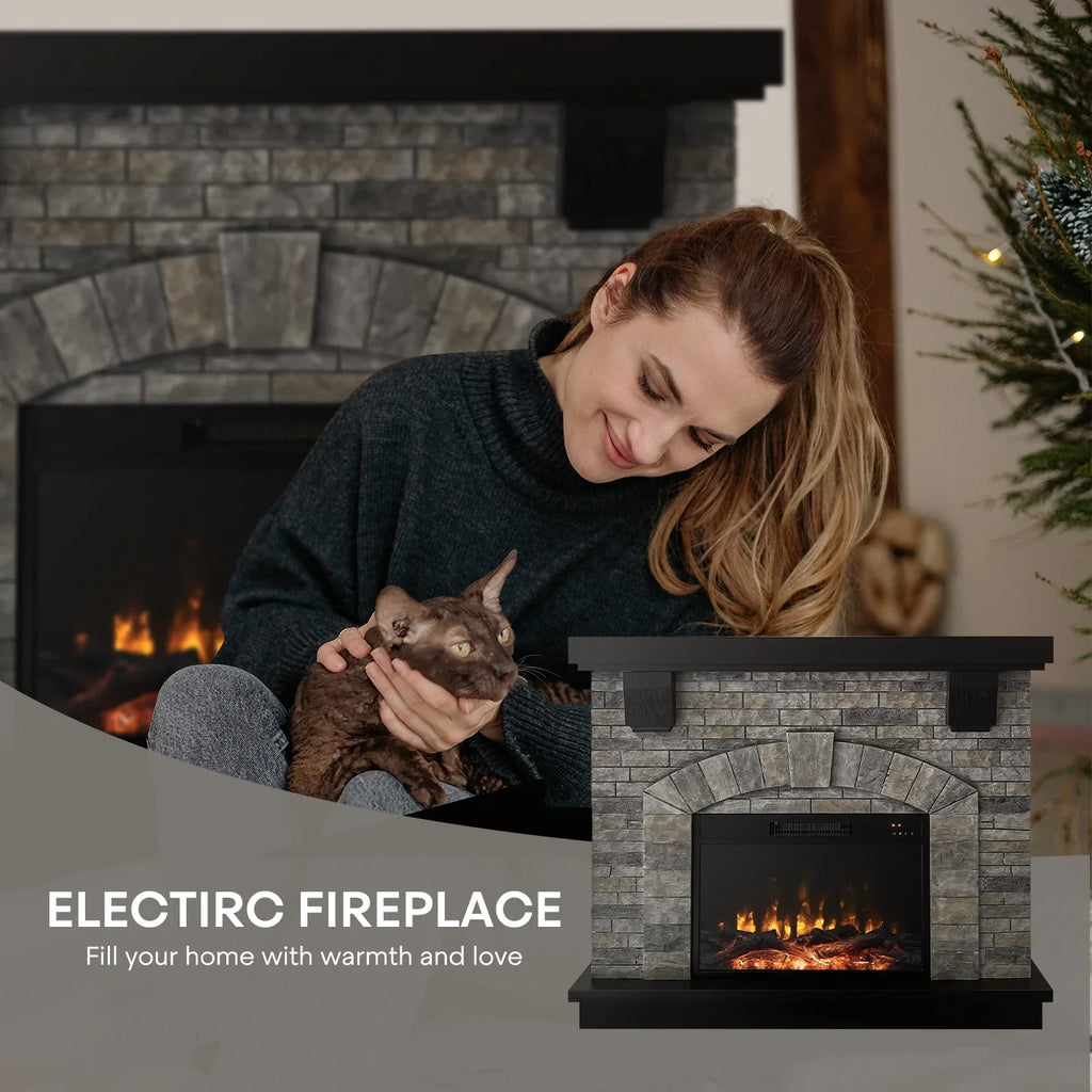 Infrared Gray Fireplace Freestanding, Mantel with Mountain Cloud Stone 45" Electric