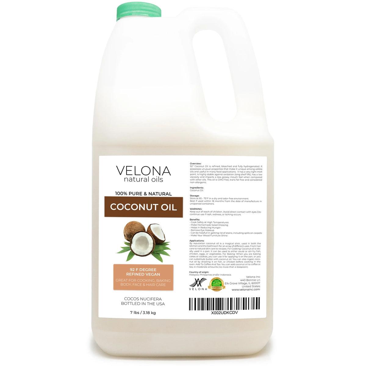 in Oil Cold Face, Skin, and jar | Hair Refined, Care lb Coconut 92 Body, 7 100% Oil | Degree | - Pure Velona | Carrier pressed Natural