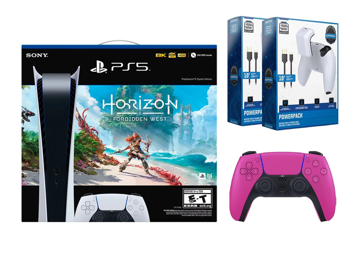 5 with Charge Pack Surge Bundle Cable Extra Horizon & with Playstation 2 Digital Pack Forbidden West Controller Sony Battery Pink