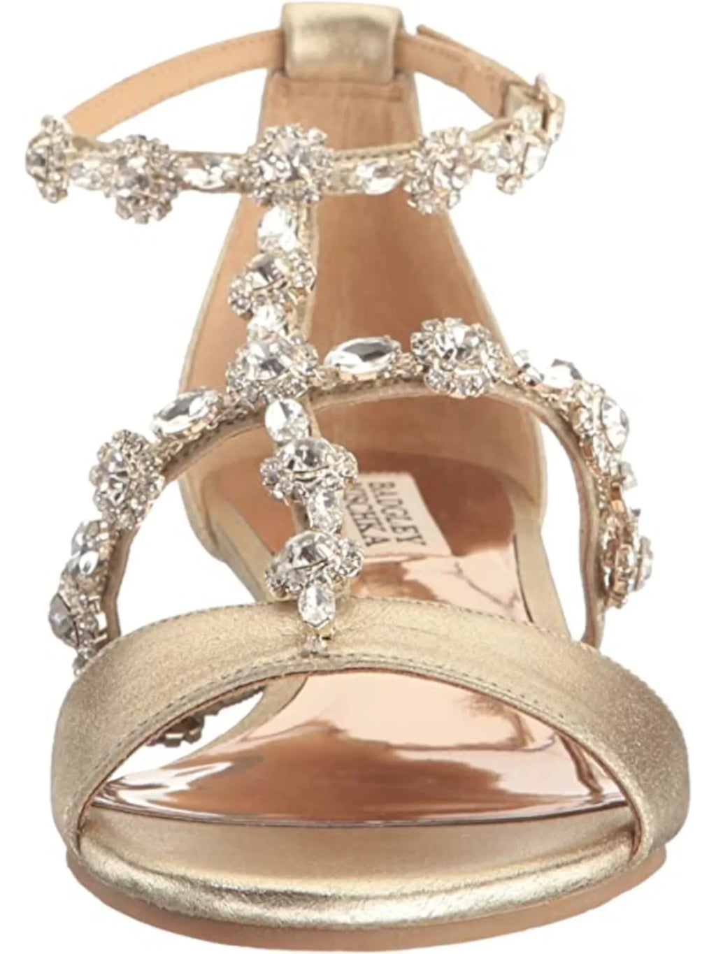 Gold Leather BADGLEY MISCHKA Womens Ankle 9 Wedge Dress Terry Strap Embellished Buckle Sandals