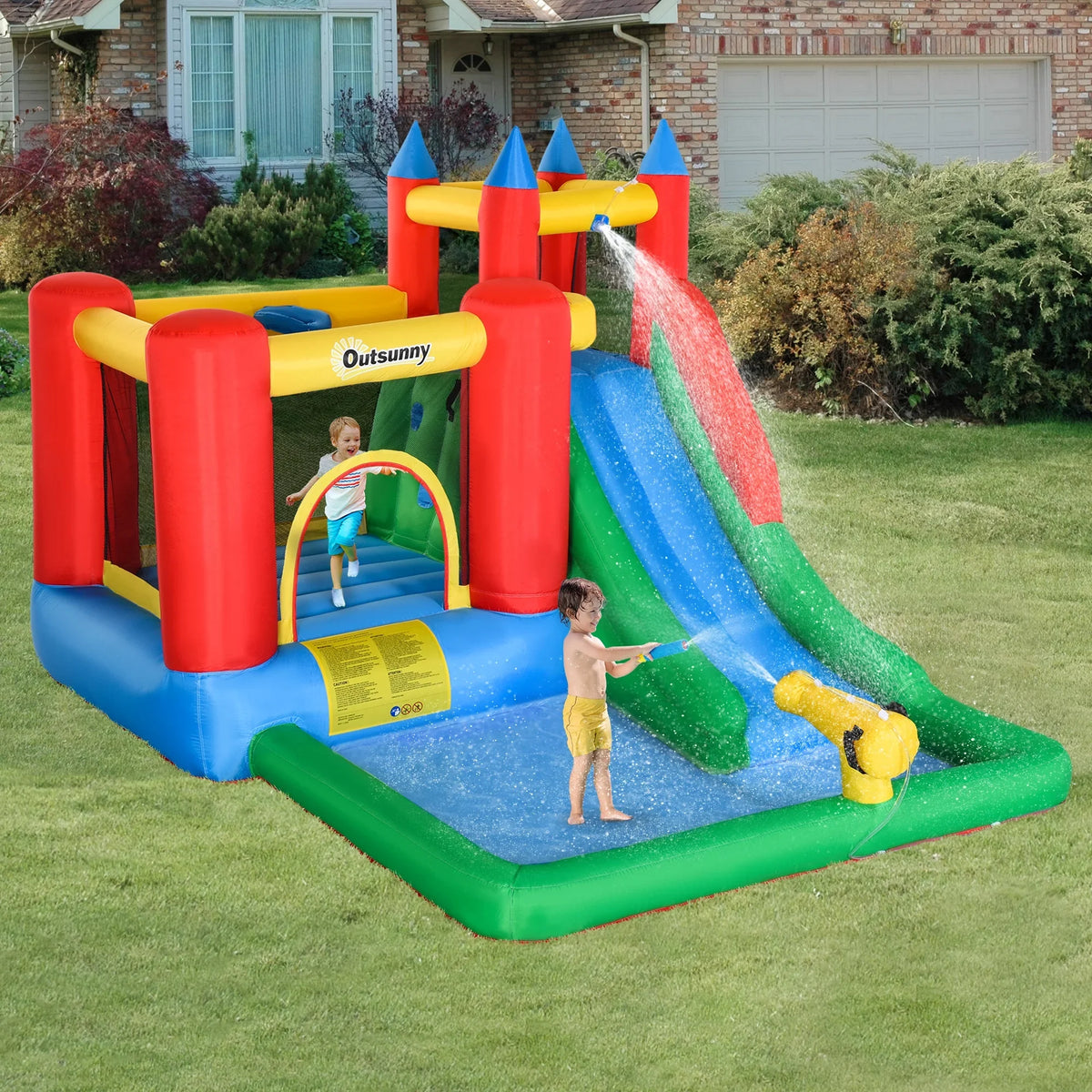 Inflator Kids Included, Water Backyard Slide Castle Bounce Inflatable House Water Water Activity Outsunny Jumping Pool, POWANLI 6-in-1 Cannon, Climbing Toy with Play Kids Outdoor Wall,
