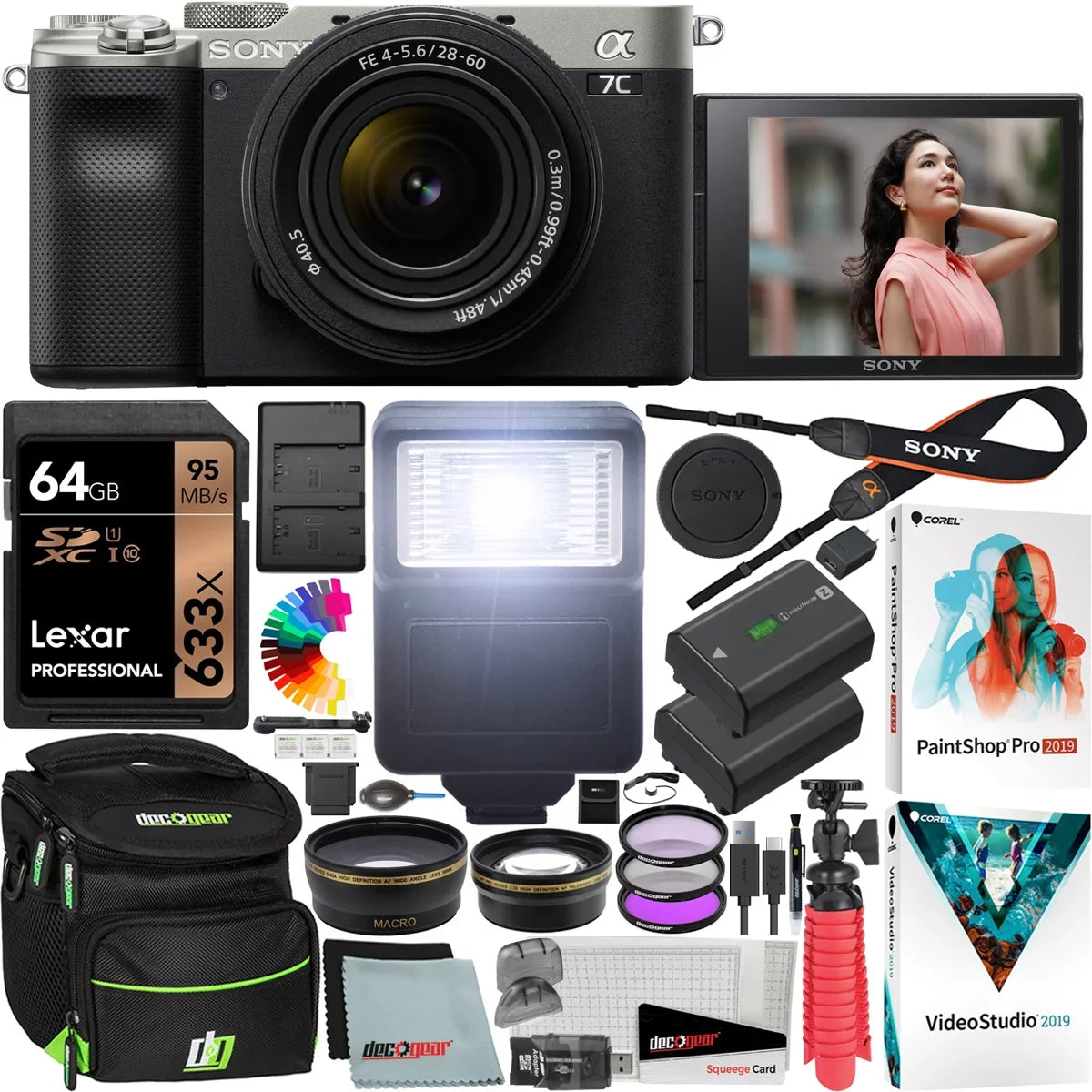 Alpha with + Body Macro Filters 28-60mm Bundle + + with + Frame a7C Silver Sony Extra ILCE7CL/S Gear Lens Flash 7C F4-5.6 Kit Battery Mirrorless Case & Accessories Telephoto + Deco Full Camera Lenses