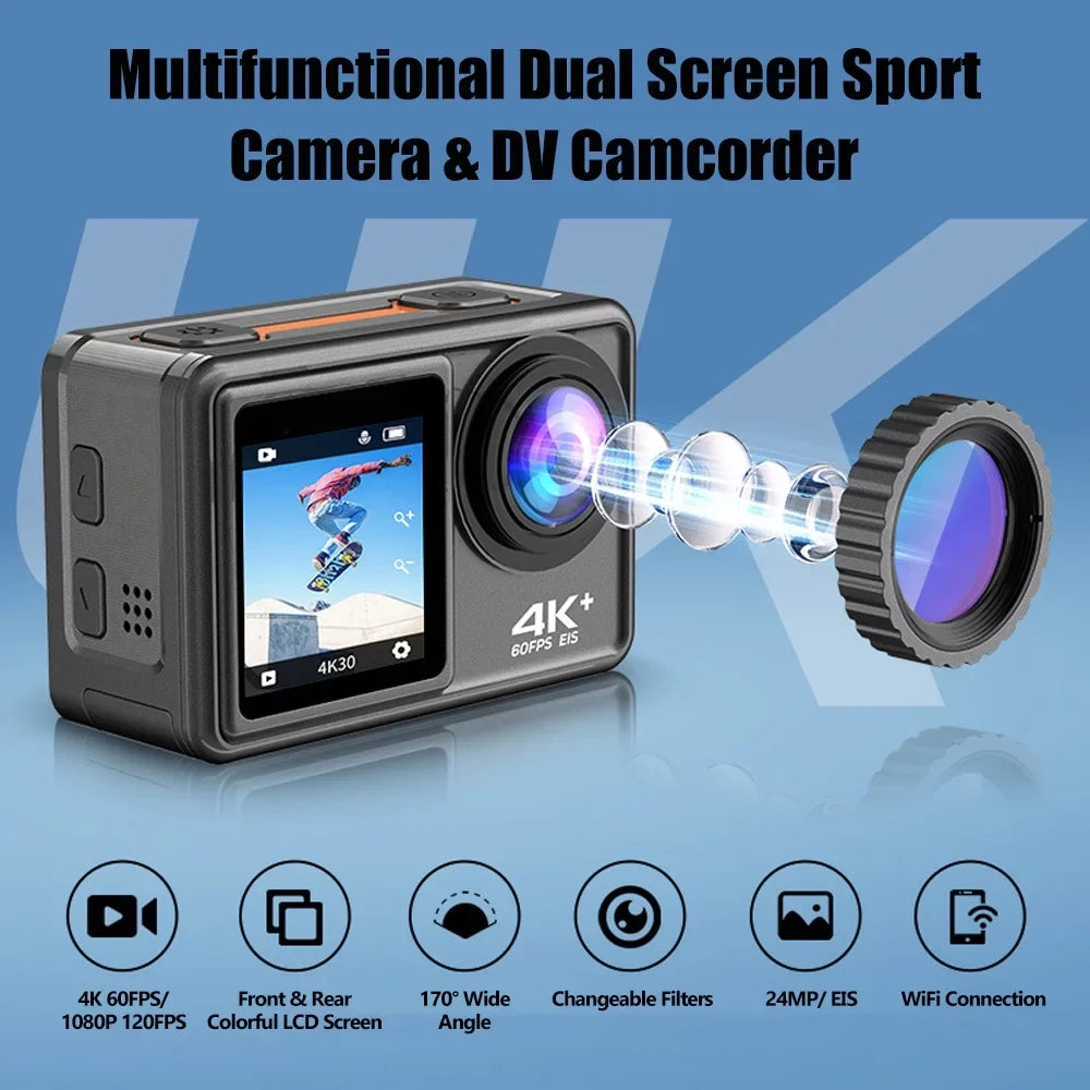 ND4 Lens with for 170° Sports Outdoor 8 Screen 16 Macro Camcorder Purple 4K Inch EIS Angle Screen 40m Waterproof 2.0 Dual Wide DV 24MP Camera Sport WiFi CPL