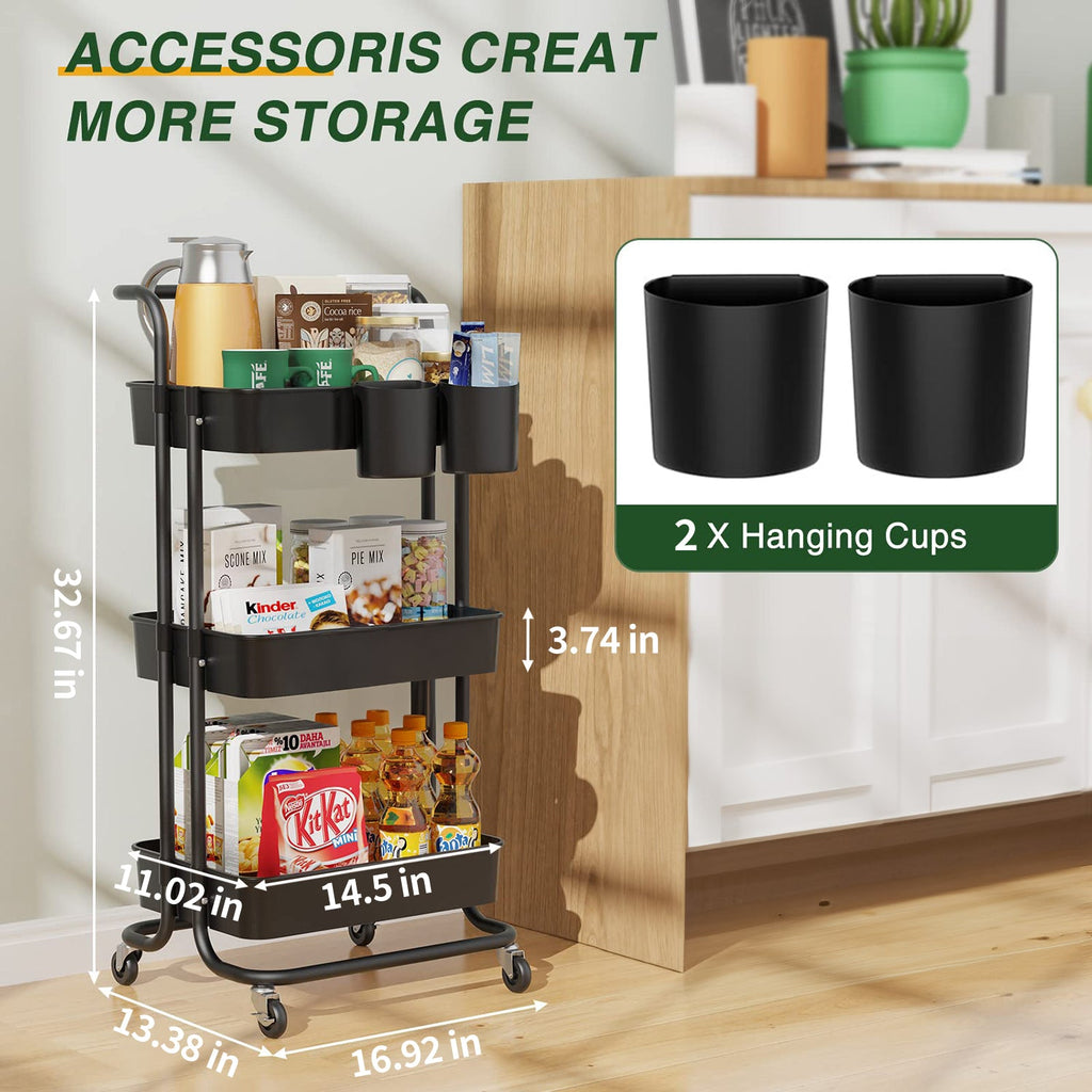 Storage Cart Black Rolling Organizer Multi-Functional with Multifunctional Office Living with for Annvchi Kitchen Wheels3-Tier, Trolley, Cart, Storage Utility Handle Storage Room Shelves