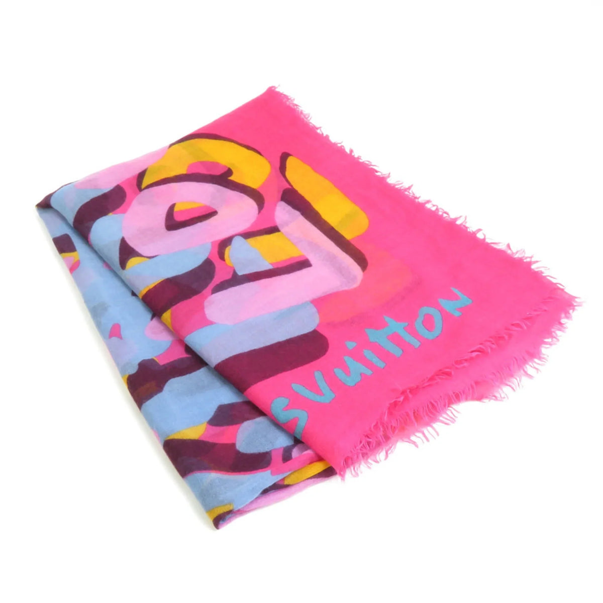 Women's Pre-Owned (Good) VUITTON LOUIS e58449a Shawl Pink/Multicolor Louis Vuitton Cashmere/Silk