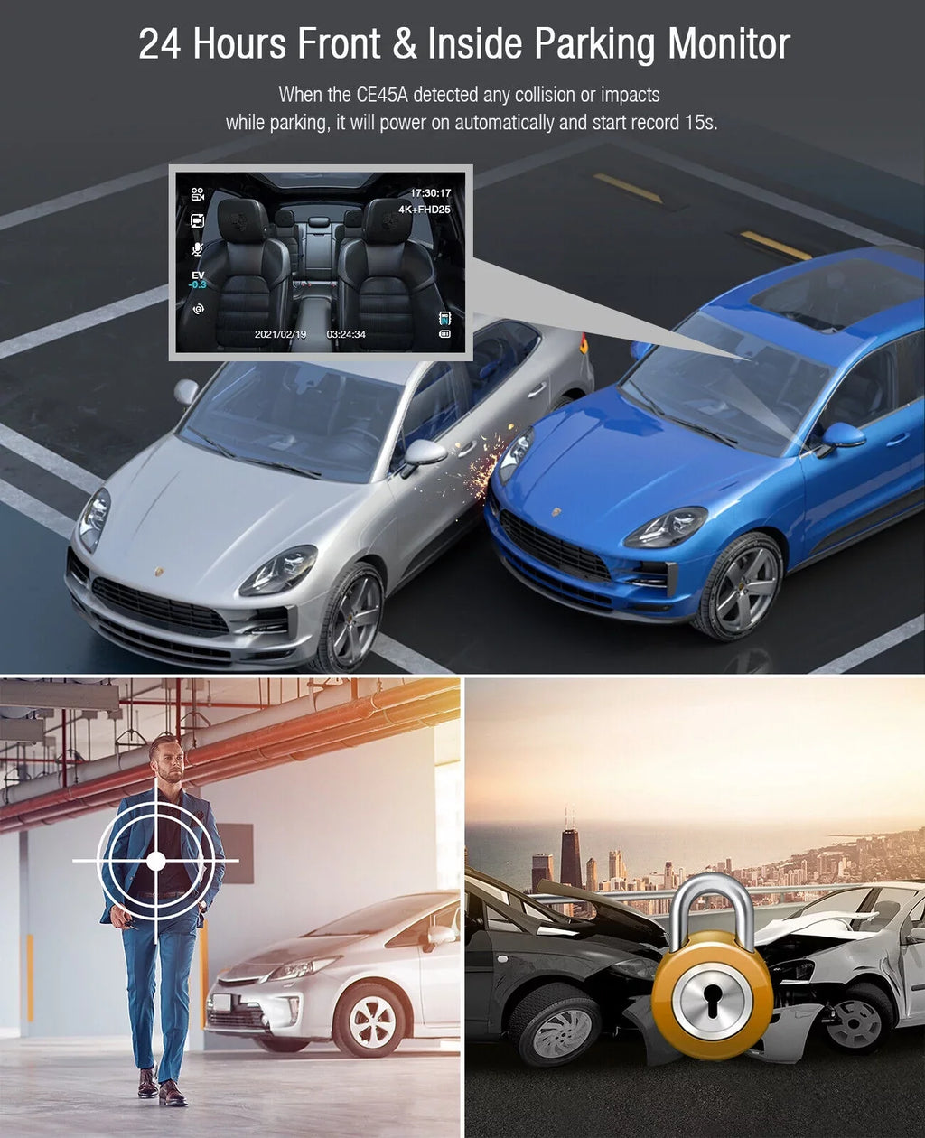 Parking Car Screen Front 3" 4K+1080P TOGUARD G-Sensor Loop Mode Inside and Camera LCD Cam Dash Dash 4K Recording Camera