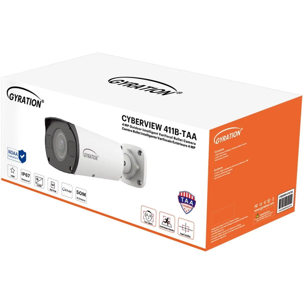 Indoor/Outdoor Compliant HD Gyration Camera, 4 411B-TAA Bullet, Color, Network Megapixel TAA CYBERVIEW