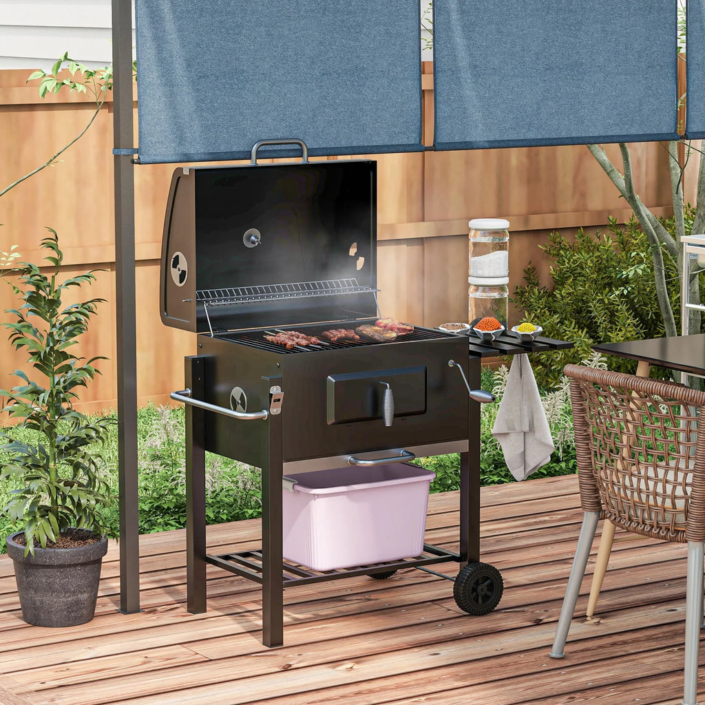 Cooker Portable with Handle, Table, Backyard Grill, BBQ Wheels and Storage Outdoor Or Camping Black Charcoal for Picnic Side Bottom Homiyad Shelf,