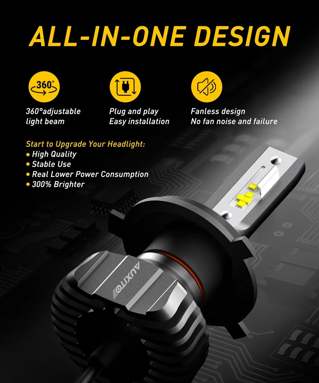 AUXITO Xenon White, Bulb Night 6500K H4 Kit Fanless, 300% Adjustable 2 Pack Dual Conversion HB2 Visibility Beam LED 9003 of Beam
