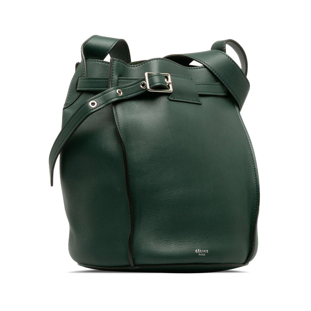 Authenticated Big Pre-Owned Unisex Bucket Leather Bag Calf Celine (Good) DrawstringBag Bag Bucket Green