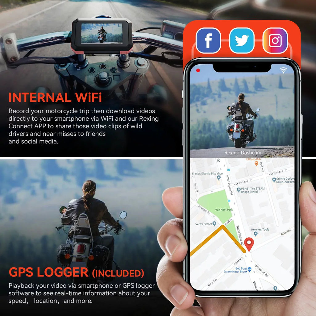 Wi-Fi GPS Channel Dash with Cam & 1080P Dual Rexing MTC1 Motorcycle