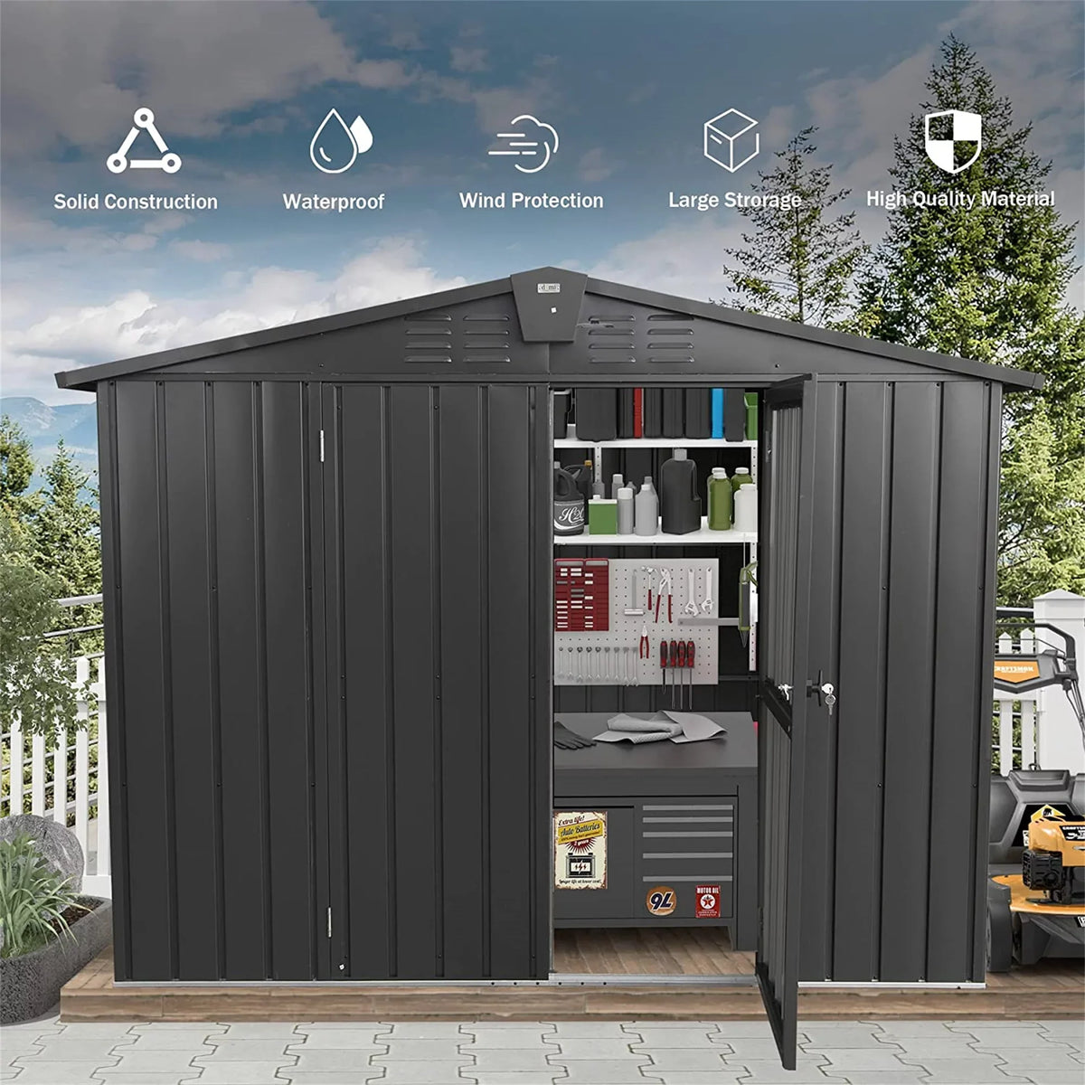 Shed, Storage 6.2' for Lockable Lawn, for Can, Storage Trash Outdoor Metal Steel Bike, Galvanized Capri Patio, Black Outdoor Garden Shed Cabinet Door with 8.2'x Backyard,