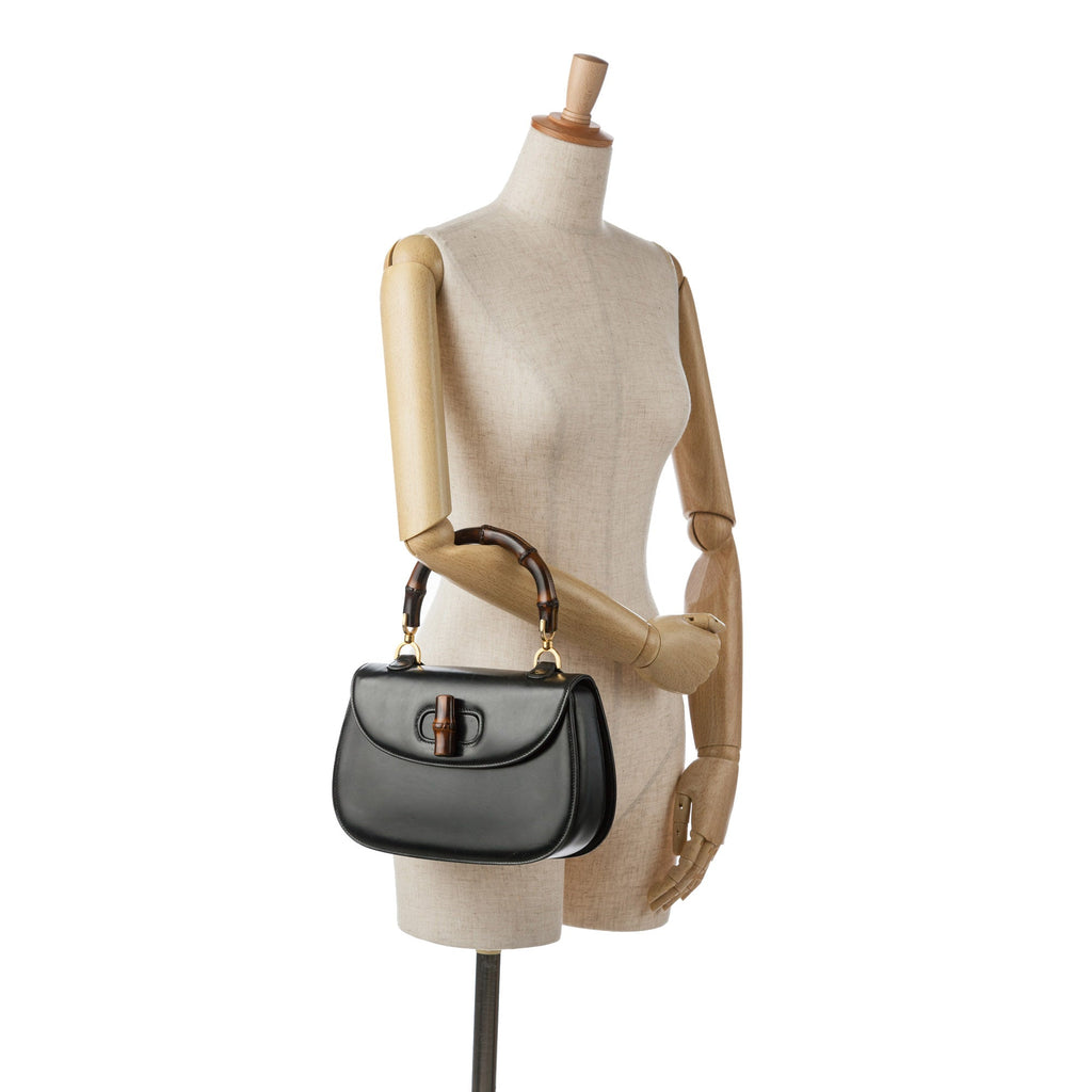 Handbag (Good) Unisex Black Bamboo Pre-Owned HandleBag Night Gucci Calf Authenticated Leather Top