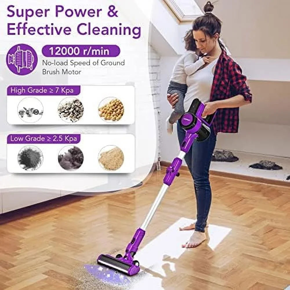 Vacuum For 3-In-1 (Purple) Cleaner, & Lightweight Cordless Floor Battery, Rechargeable Stick Hair, 45-Minute & Car, Wall-Mounted Vacuum Handheld Carpet Runtime With 2000Mah Hard Pet Vacuum