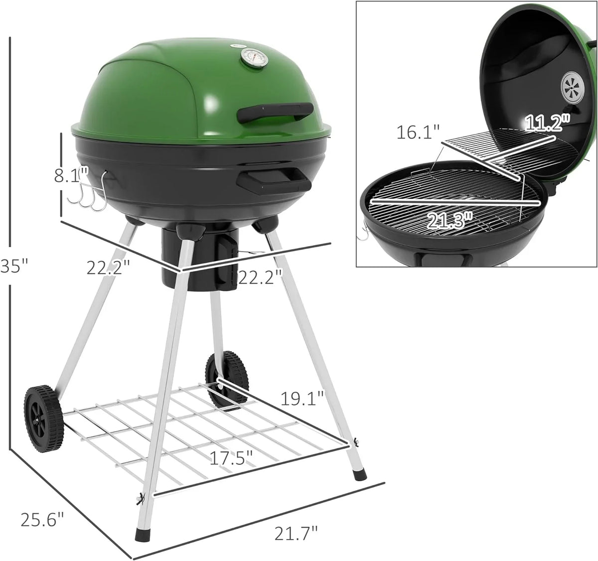 sq.in. Cooking Kettle Catcher Outdoor 21" Patio, Built-in Trolley Area, Thermometer and Barbecue with Backyard BBQ Shelf, Grill Green 360 with Wheels, Party, Charcoal for Ash