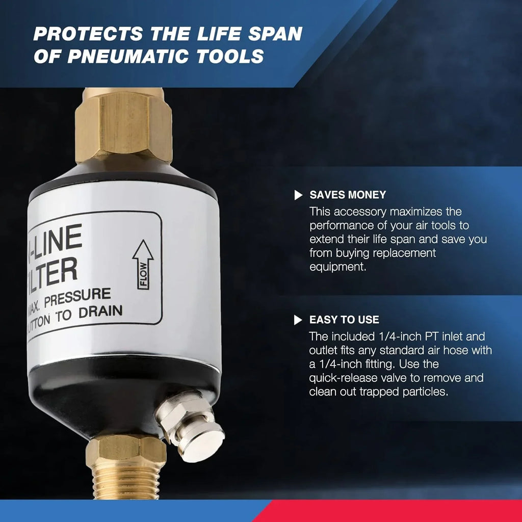 Tool Line Compressor Outlet Black | Protect Optimize Accessory | Water and 1/4" Air 30253A Tools Oil for and | Pneumatic NEIKO of Lifespan NPT Air Performance, and Air 150 | Inlet Separator | PSI