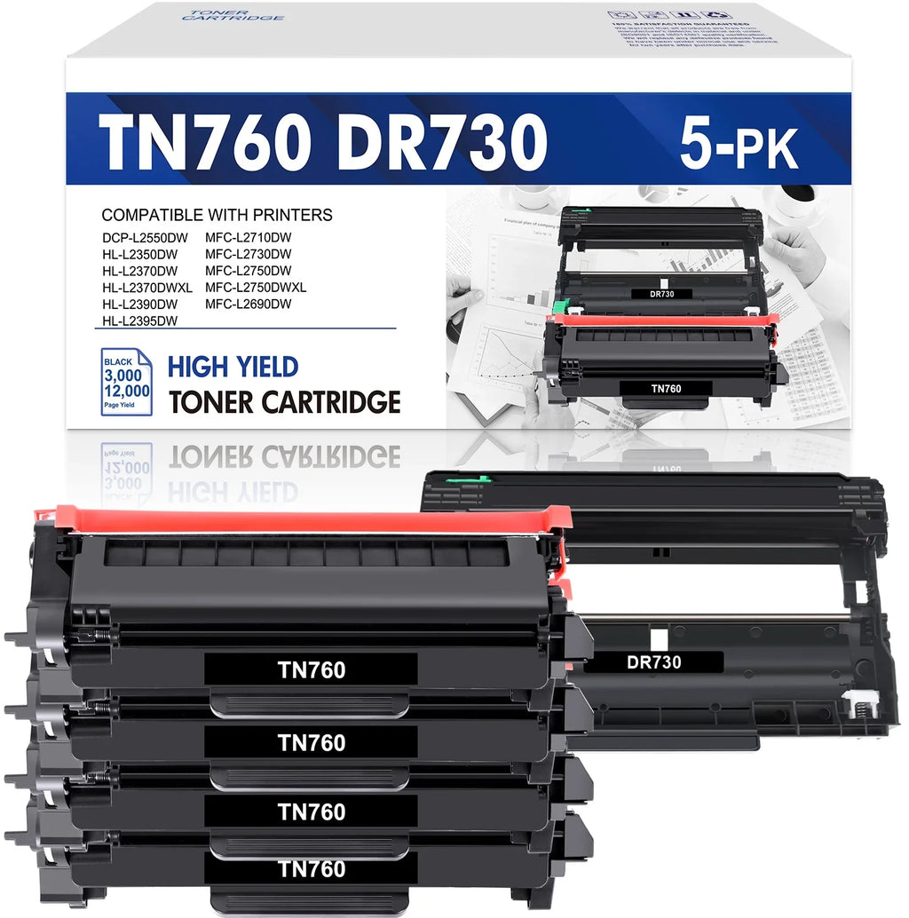 MFC-L2710DW and Toner, (4x TN760 Brother HL-L2350DW Toner MFC-L2690DW DR730 Unit Printer 1x DCP-L2550DW ) Cartridge Unit High Yield Drum Set for Compatible TN760 DR730 Drum