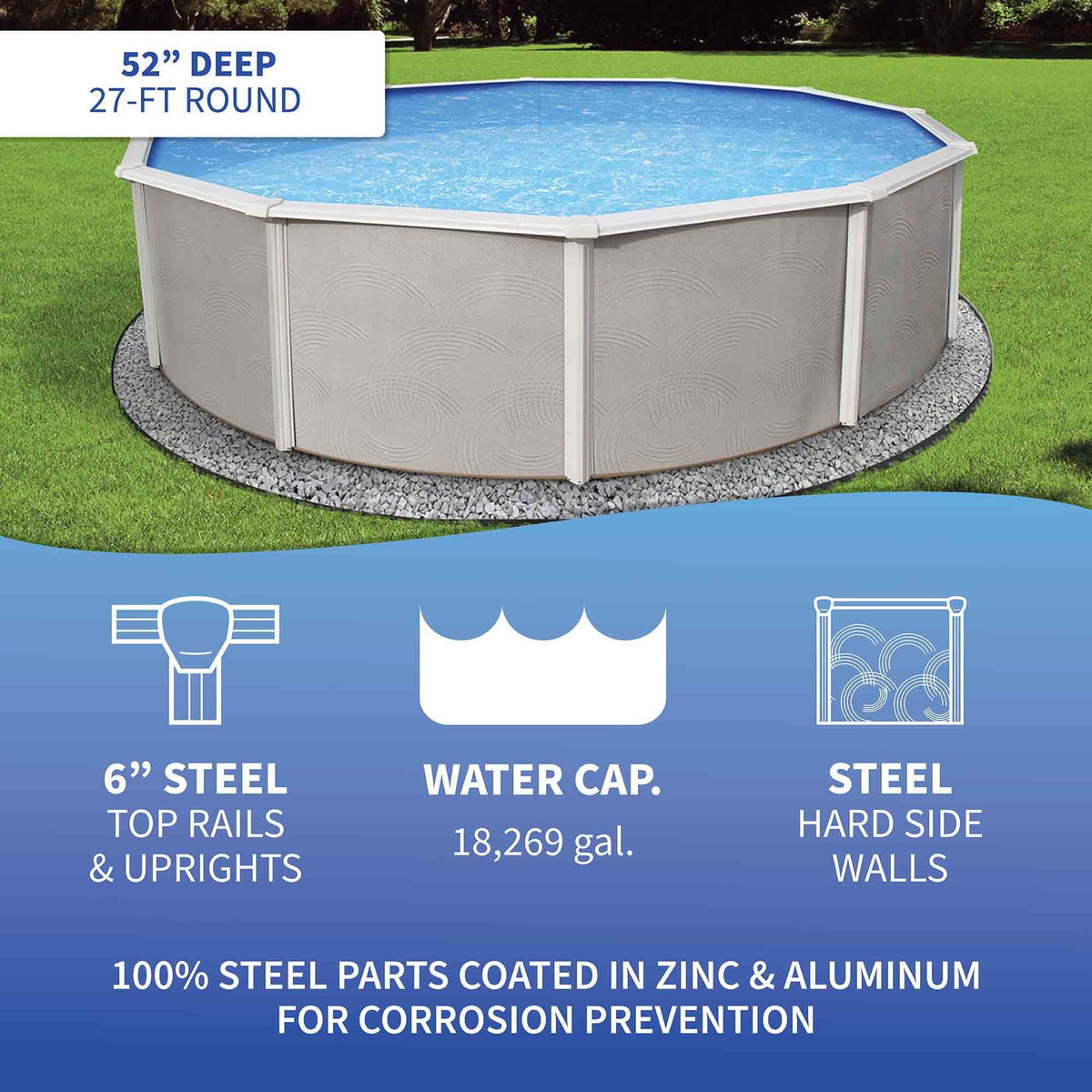 27-ft Top Package Deep Swimming 52-in Belize Wall Metal Pool Round Rail 6-in