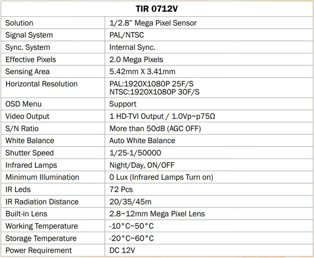 12V Camera, Eyemax 72 DC HD-TVI Outdoor TIR-0712V Bullet LED 2MP 2.8-12mm, IR