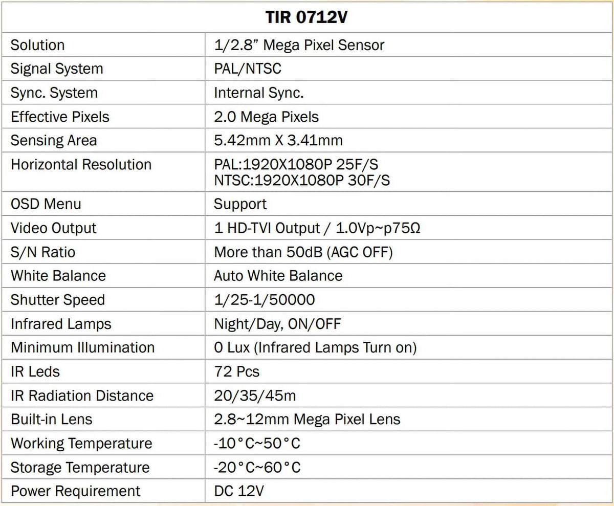 12V Camera, Eyemax 72 DC HD-TVI Outdoor TIR-0712V Bullet LED 2MP 2.8-12mm, IR