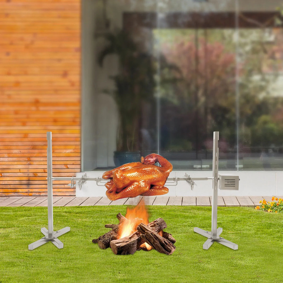 Large ZhdnBhnos Roaster Electric BBQ Lamb Stainless Cooker Chicken Outdoor 15W 53'' Kit Pig Spit Barbecue Steel Picnic Grill Rotisserie