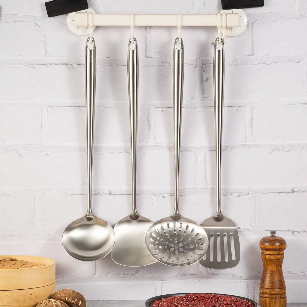 Extra Tools Spatula Newest 304 Cooking Skimmer Slotted Long And All Spoon Set Utensils 17Inch Spatula Cooker Wok Equipment Stainless Metal Stiwee 4Pieces Handle Cooking Steel Ladle Sale Kitchen 2024