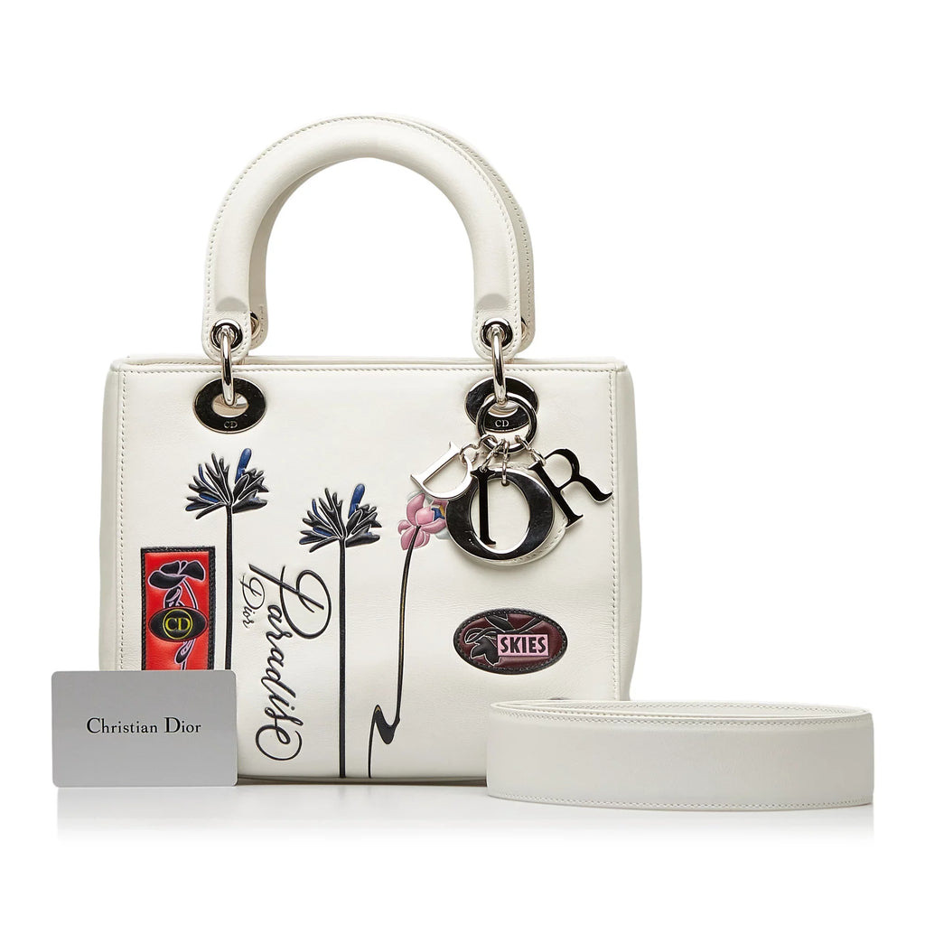 Lambskin Authenticated (Good) Satchel Lady Paradise White Unisex Leather Pre-Owned Medium Dior