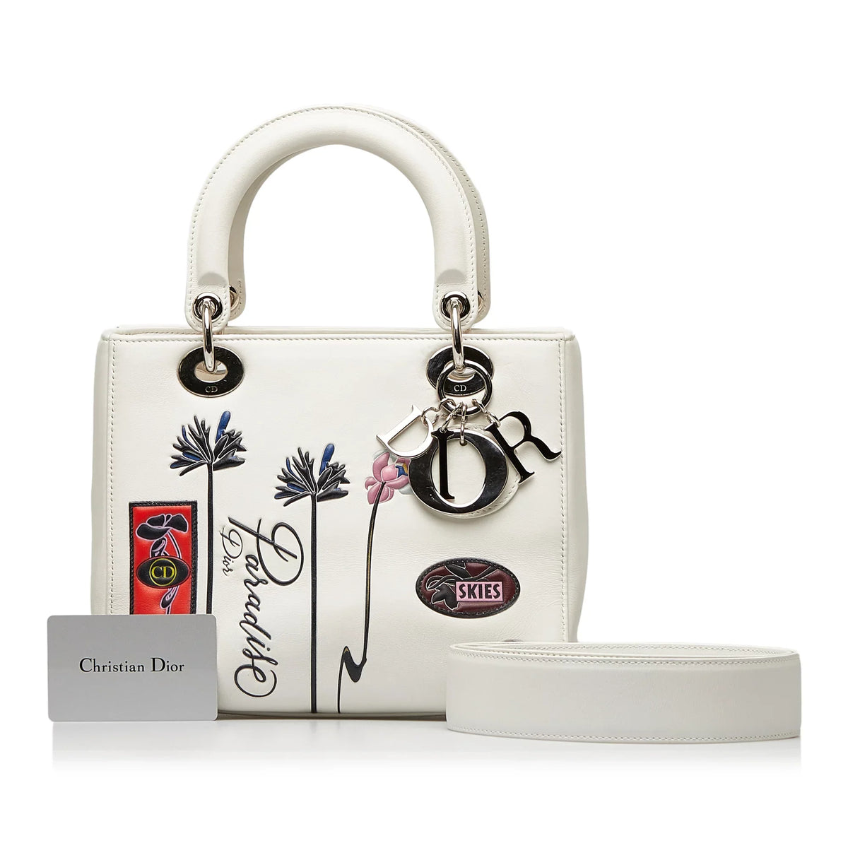Lambskin Authenticated (Good) Satchel Lady Paradise White Unisex Leather Pre-Owned Medium Dior