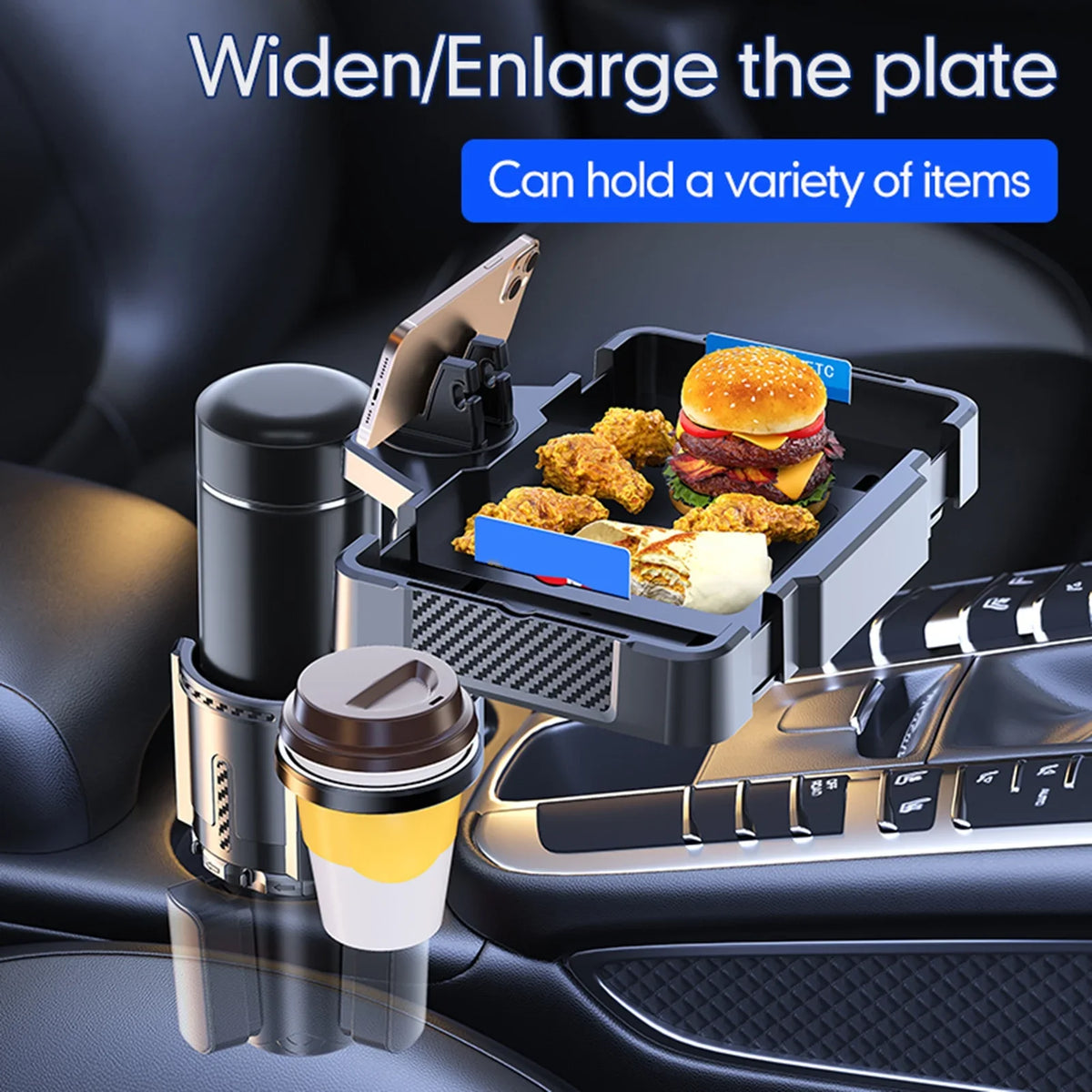 Dual Cup Holder with Tray 4IN1 Car Tray Snack Expander Holder Drink Phone Adjustable Anself
