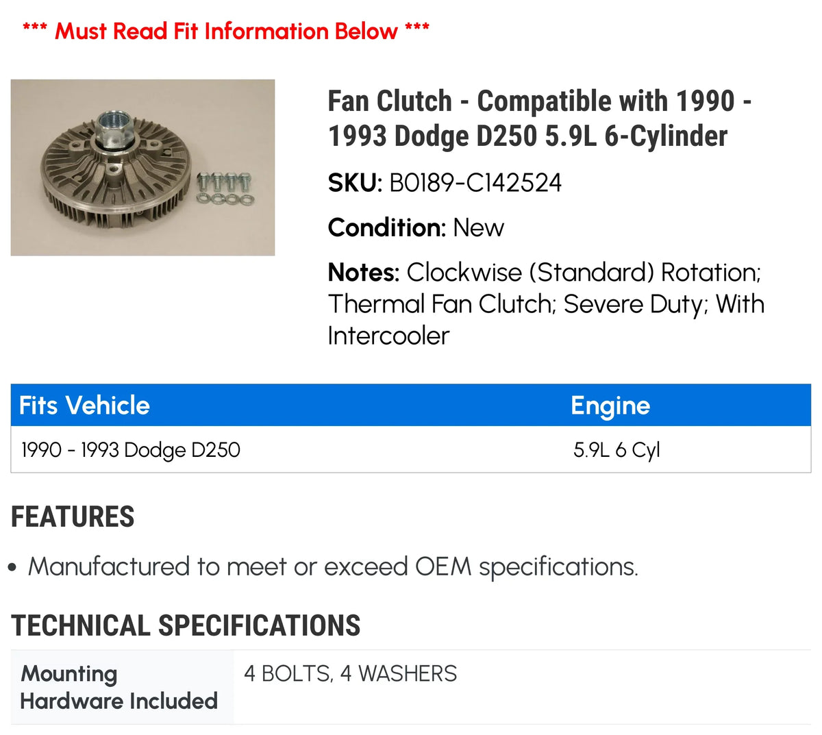 Dodge 6-Cylinder 1992 with - 5.9L - D250 Fan 1990 1993 1991 Clutch Compatible